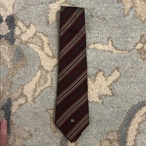 Burberry Burgundy and Beige Striped Tie